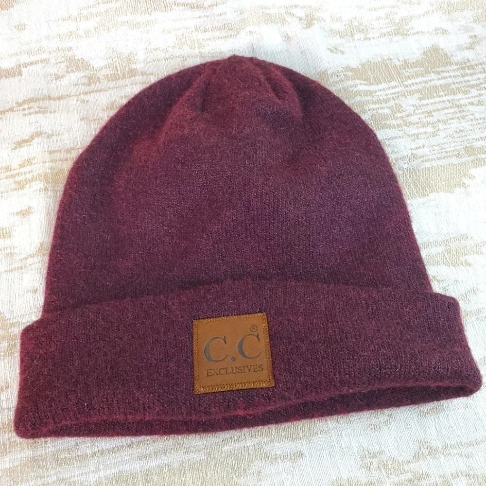 Unisex Soft Ribbed Leather Patch C.C. Beanie Strawberry